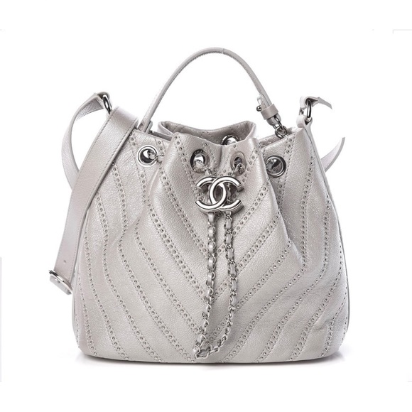 CHANEL Handbags - Chanel drawstring Metallic Calfskin Studded Chevron Quilted Crossbody